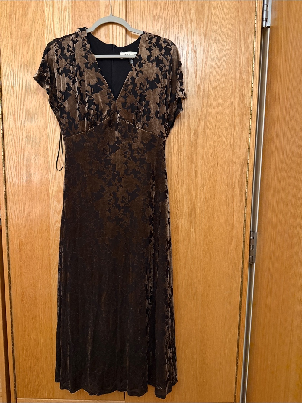 Taylor Brown and Black Floral Velvet Midi Dress